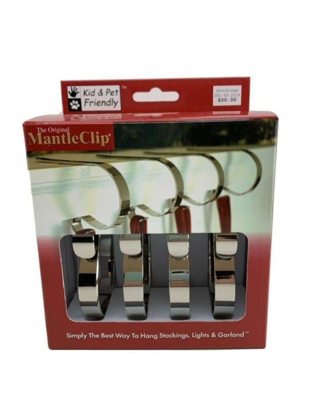 Original Mantle Clip Christmas Stocking & Garland Hangers 4 Pack Chrome Silver